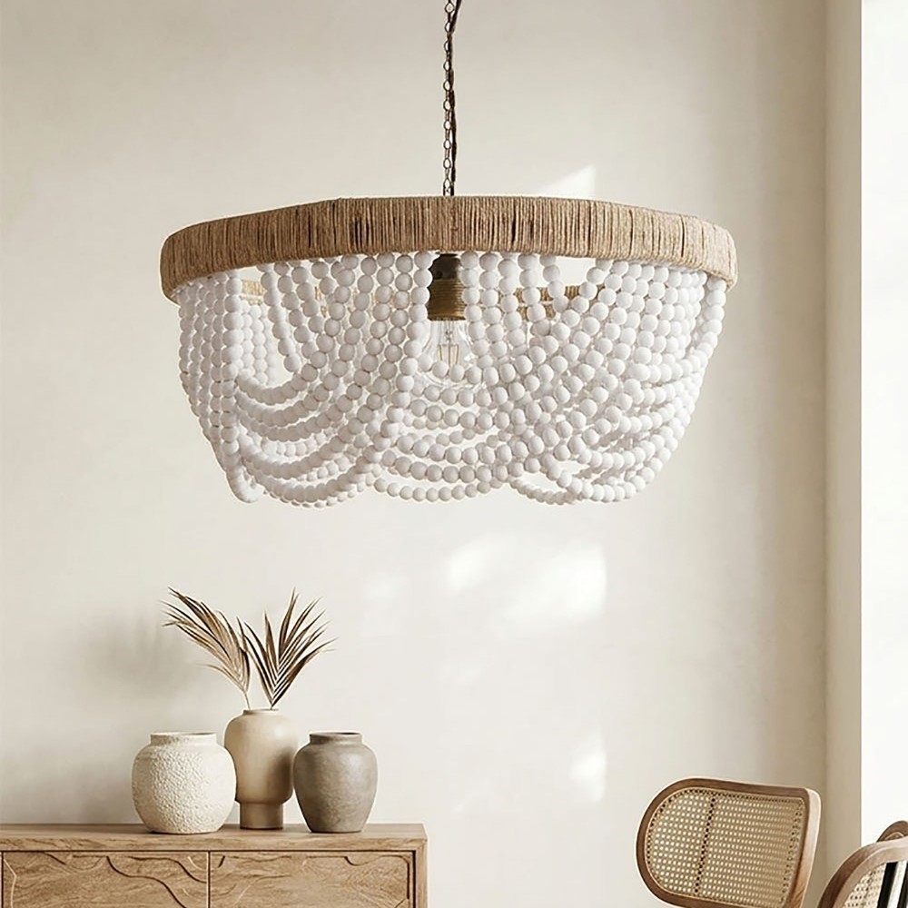 Halo El Yapımı Ahşap Boncuklu Avize, Natural Harmony Koleksiyonu, Vernikli Yüzey, Beyaz, 1280 Boncuk, Mimari Aydınlatma