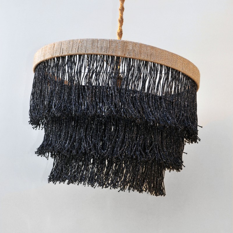 Jüt ve Sim Dokunuşlu Gece Siyahı El Yapımı 3 Katlı Avize