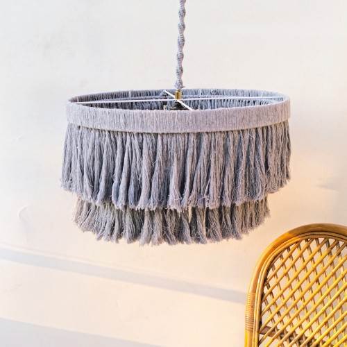 Macrame Muse: El Yapımı Makrome İpli İki Katlı Avize - Açık Gri (40/50/60cm)