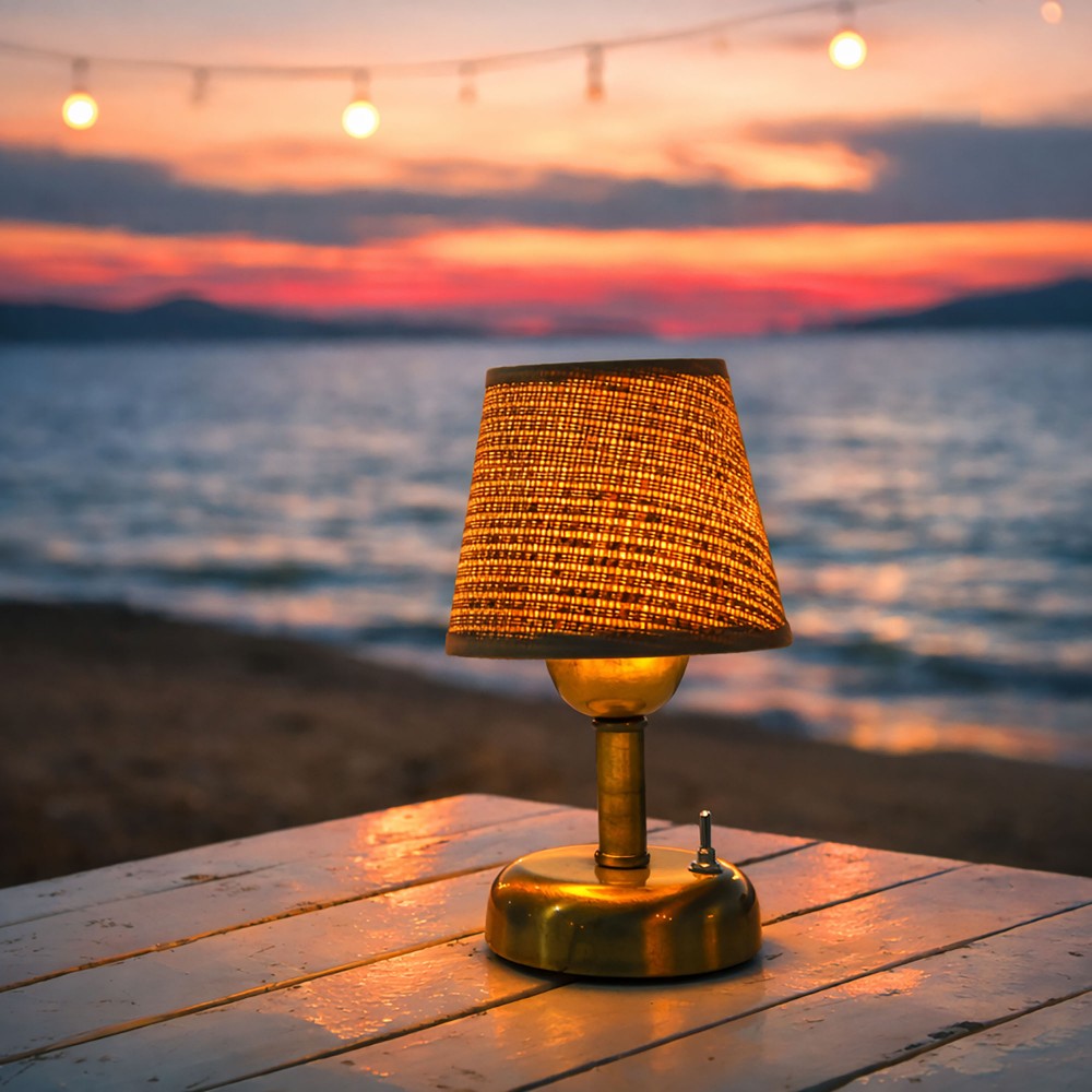 Eskitme gold pilli masa lambası – hasır jüt başlıklı doğal ve zarif dekoratif aydınlatma.